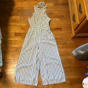 American Eagle gray striped jumpsuit high neck, wide leg pockets open back
